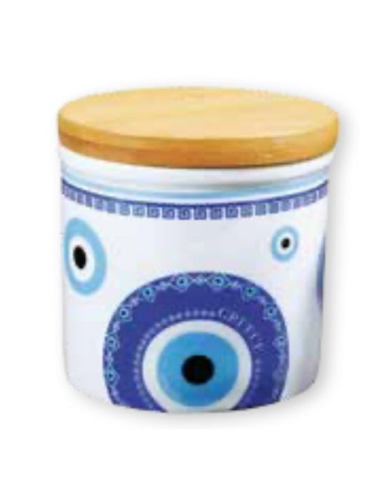 Moutsos Cylindrical Jar (porcelain) w/ Wooden lid Eye design 9x8.5cm